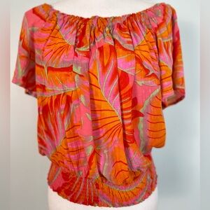 Women’s Off-Shoulder Tropical Print Top in Pink & Orange